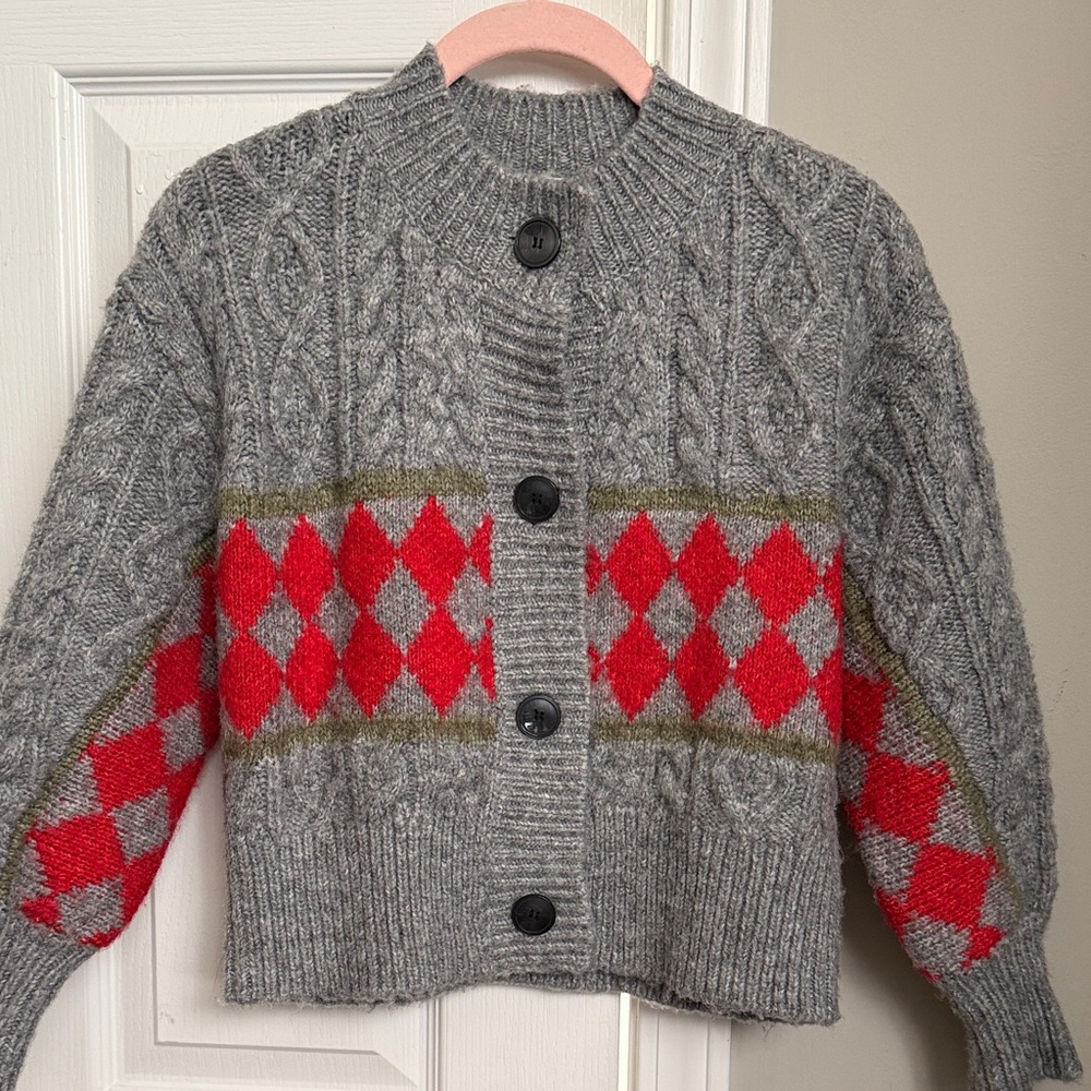 Anthropologie Gray Cable Knit Cardigan with Red Argyle Band